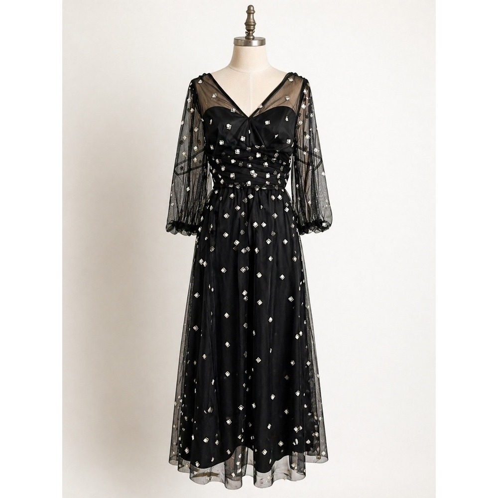 Adrianna Papell Black Sheer‎ Sleeve Embellished Midi Dress 10